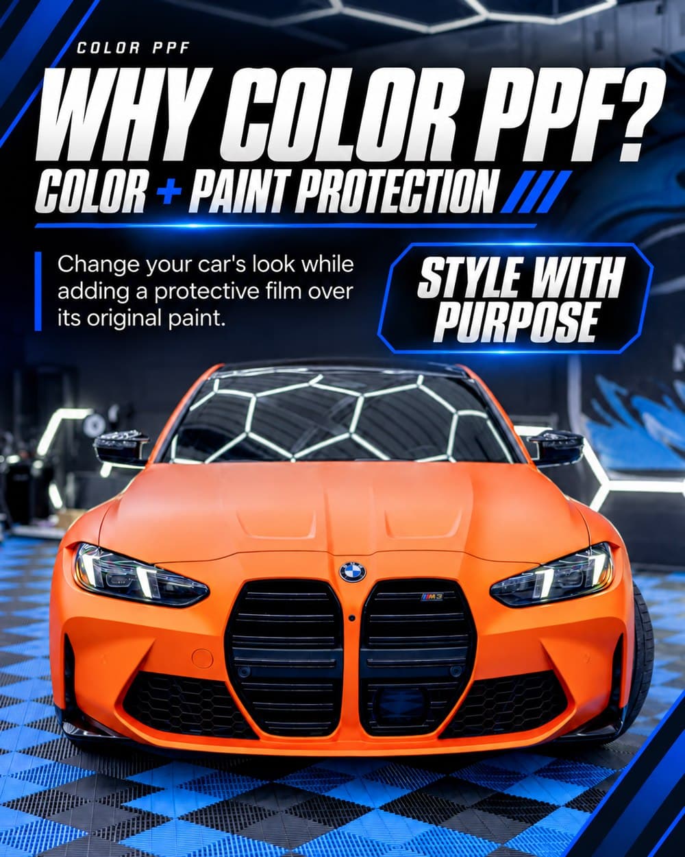 Color PPF: color and paint protection, shown on an orange BMW